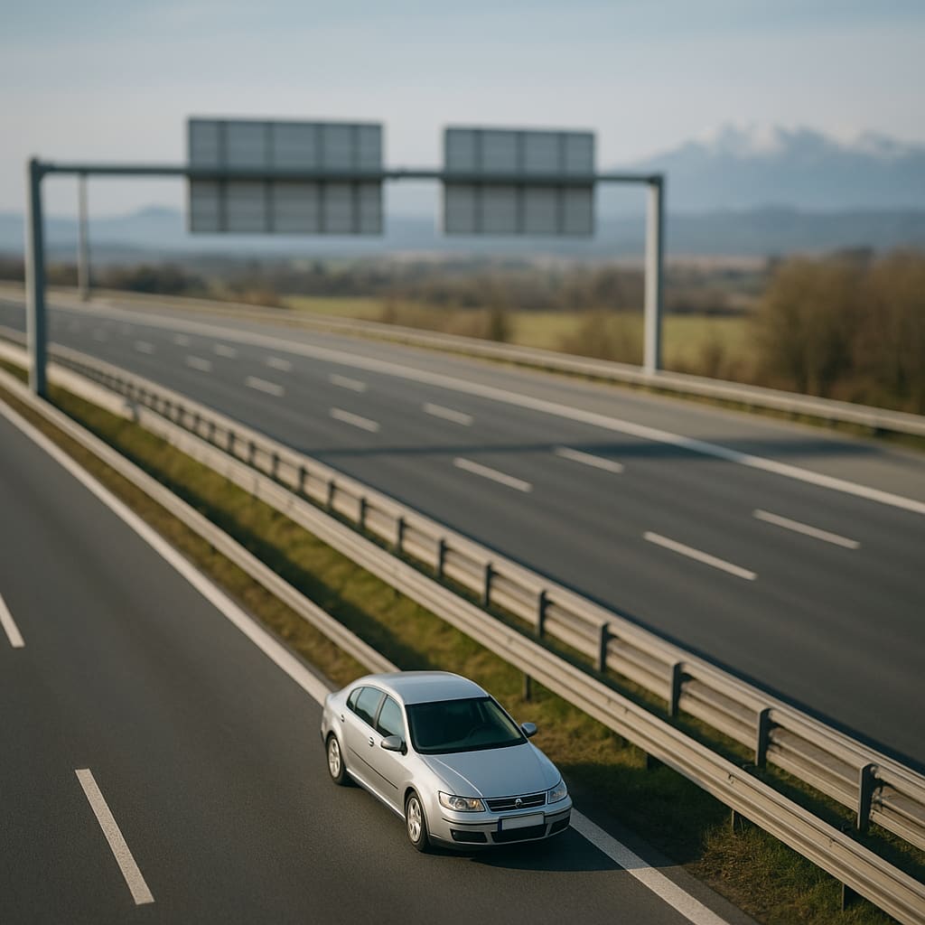 Fahrt auf einer Autobahn mit Wegweisern und Bergkulisse