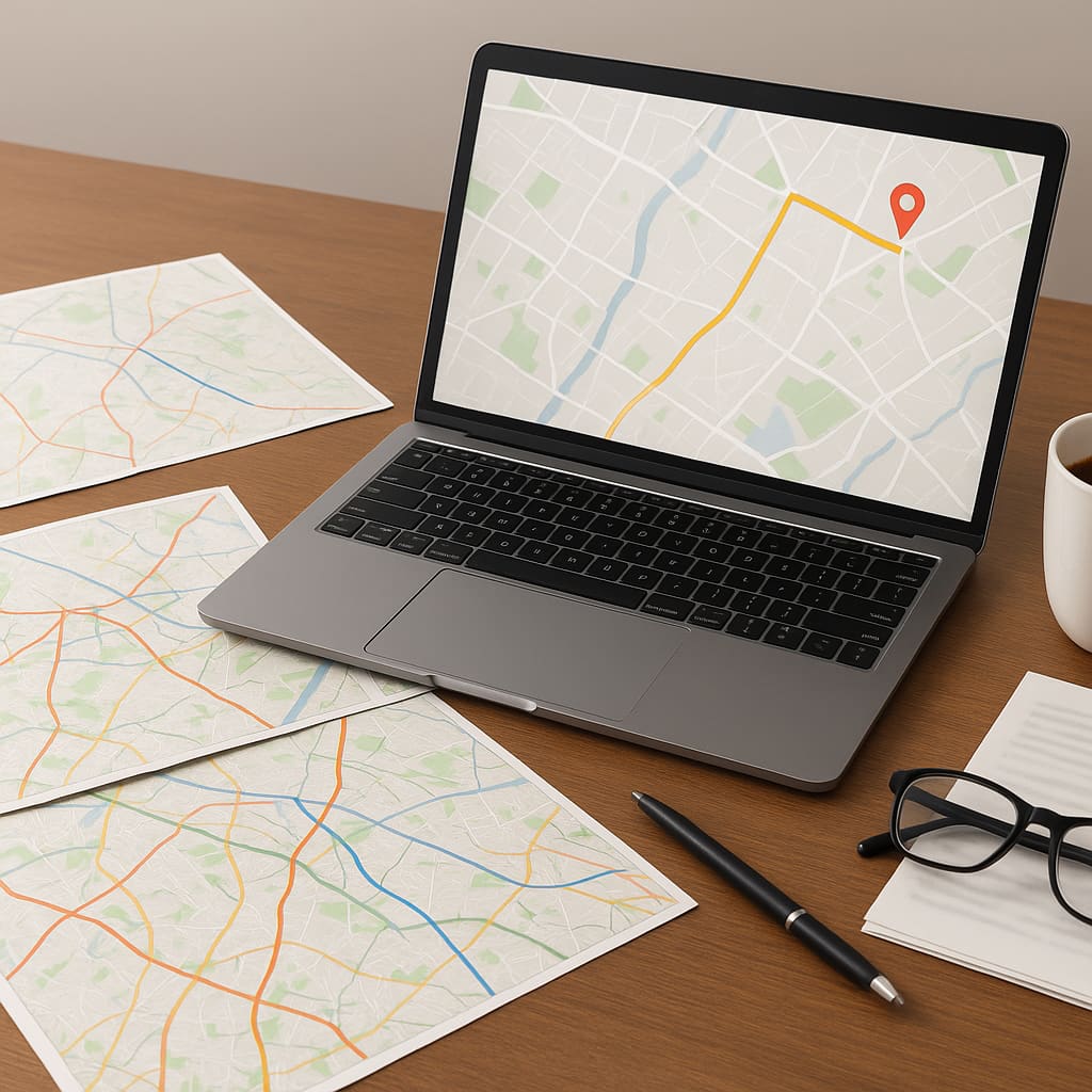 Arbeitsplatz mit Karten, Laptop und Planungsunterlagen