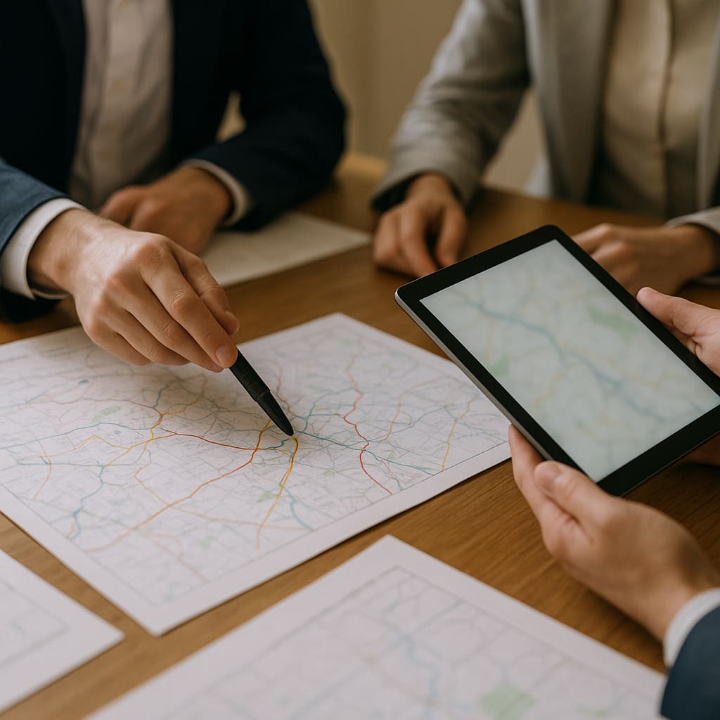 Besprechung mit Streckenunterlagen, Tablet und Kartenmaterial